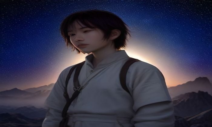 星野光第一次独白经典场景截图风插画，夜晚屋顶上角色背对城市灯光低头沉思，翠绿星光点缀，情感浓度极高