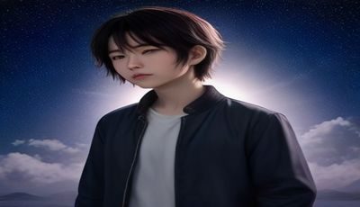 星野光雨中等待场景插画，角色站在雨中不撑伞，衣服被淋湿却眼神坚定，雨水与翠绿光晕交织营造强烈情感氛围